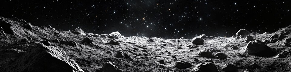 Wall Mural - a black and white photo of a rocky surface with stars in the background. concept of vastness and emp
