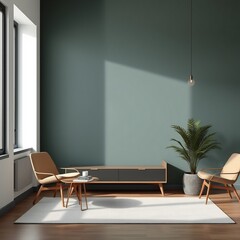 Modern living room interior with two chairs, a coffee table, and a plant.