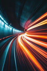 A blurred image of a train entering a dark tunnel