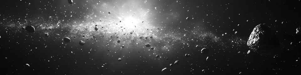 Poster - A black and white photo of a galaxy with a large rock in the middle. The photo is of a space scene with a lot of stars and a large rock in the middle
