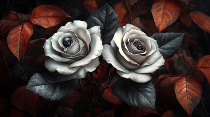 white roses, each rose has two leaves on the stem. The petals are black and silver, on an open background with black foliage in the foreground, oil painting, detailed colors black red white orange