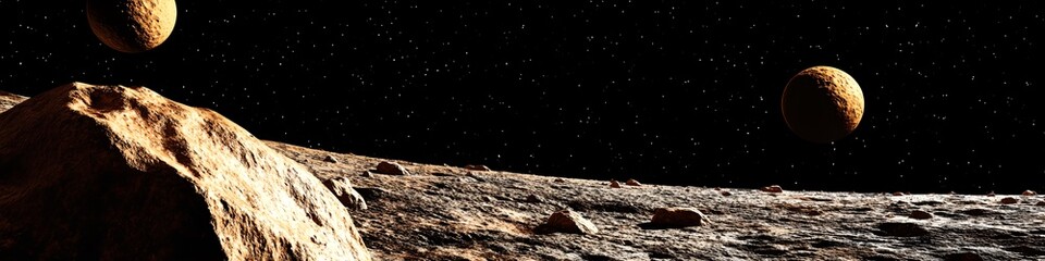 Wall Mural - a rocky planet with two large spheres in the sky. the sky is dark and the planets are small