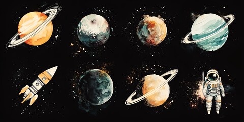 Wall Mural - a series of watercolor paintings of planets and a man in a spacesuit. the paintings are of various s