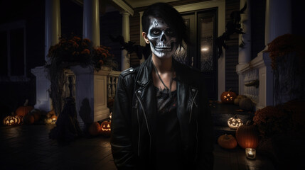 Wall Mural - Woman with skull make up standing over front porch of a house with halloween decoration including jack o’ lantern, Halloween mystery concept