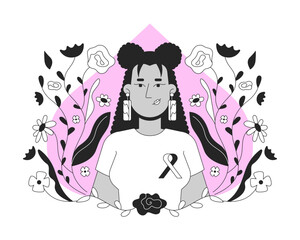 Poster - Hispanic woman promoting breast cancer awareness black and white 2D illustration concept. Mammogram campaign. Latina female with pink ribbon outline character isolated. Metaphor monochrome vector art