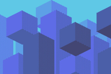 Poster - Blue Floating Abstract Voxel in Complex View, Pixel Art Style Illustrated Background