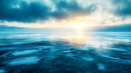 A serene seascape at sunrise, featuring calming blue waters and soft clouds reflecting warm light, This image can be used for travel blogs, relaxation themes, or environmental awareness,