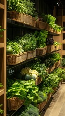 The store features a well-organized selection of fresh vegetables displayed in woven baskets, highlighting the vibrant colors and variety of seasonal produce available for customers