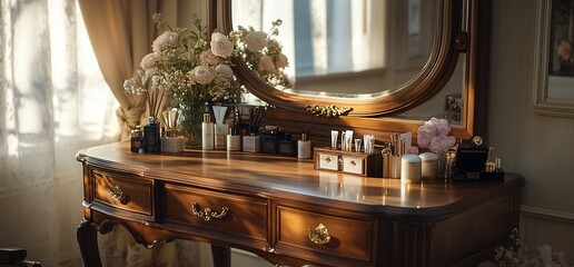 Poster - Wooden vanity table with mirror, flowers, and various toiletries in front of a window with sunlight shining through.