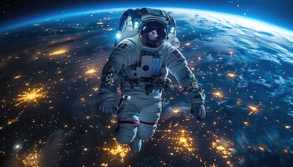 Wall Mural - astronaut floating in space over earth's nighttime landscape
