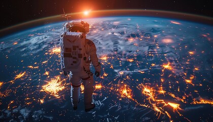 Wall Mural - astronaut floating above earth's city lights and a rising sun