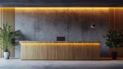 Poster - Modern reception area featuring a wooden desk against a concrete wall complemented by soft lighting showcasing a corporate interior design concept 3D Rendering