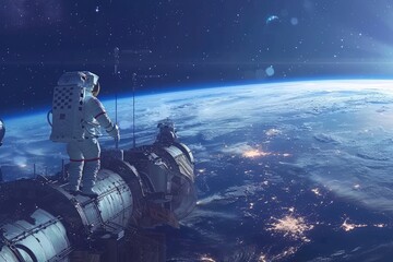 Wall Mural - astronaut standing on a space station looking at earth