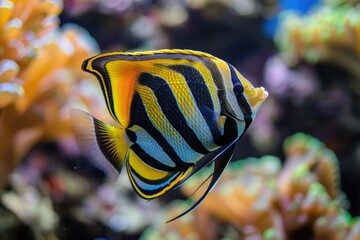 A clear underwater view of a single fish swimming near the glass wall of its aquarium home, with decorative stones and plants visible