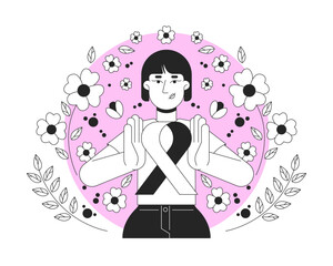 Poster - Asian feminist movement of pink ribbon black and white 2D illustration concept. Breast cancer solidarity. Japanese, korean woman femininity outline character isolated. Metaphor monochrome vector art