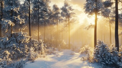 Poster - Sunlight filters through a snowy forest illuminating the tranquil landscape