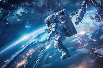 Wall Mural - astronaut performing spacewalk with earth and stars in the background