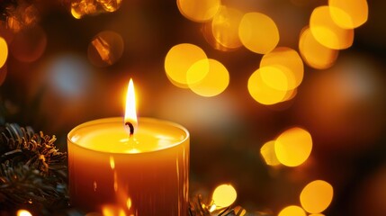Poster - Candle glowing in festive decor with a soft blurred backdrop
