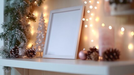 Photo frame of an empty white vertical acrylic picture frame on a modern kitchen shelf, decorated Christmas garlands and pine cones, festive image with lights and cozy feel. Copy Space