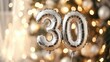 ©  AugmentArt - Silver number 30 foil balloon displayed against a softly blurred backdrop of lights