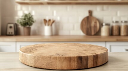 Poster - A round wooden podium against a blurred wall in a kitchen serving as an empty rustic display for showcasing products in a modern and stylish manner