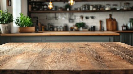 Poster - Rustic wooden table with a kitchen setting in the background