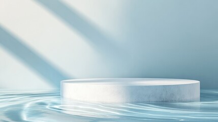 Poster - Abstract minimal nature scene featuring an empty stage and circular podium against a blue backdrop with gentle water wave shadows ideal for showcasing cosmetic or beauty product packaging mockups
