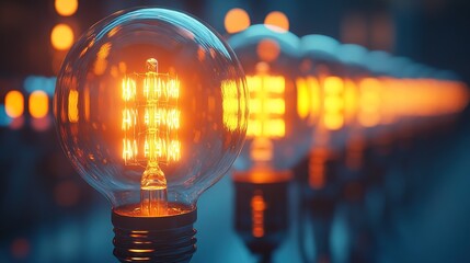 Close-up view of a retro-style row of illuminated light bulbs circle shape 