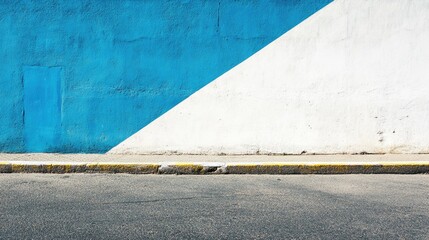 Poster - Abstract geometric design featuring a blue and white wall alongside a barren asphalt surface