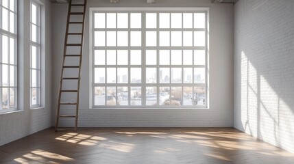 Poster - Spacious vacant apartment featuring a large window and a ladder
