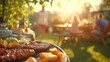 © -Quantum Pixels- - Group of family and friends enjoying a lively picnic with a barbeque grill in a garden savoring food and sharing joyful moments on a sunny day Blurred background creates a warm atmosphere