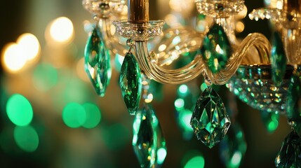 Poster - Close up of a crystal chandelier showcasing green light glimmers and bokeh effects embodying a sense of luxury Selective focus enhances its elegance and charm