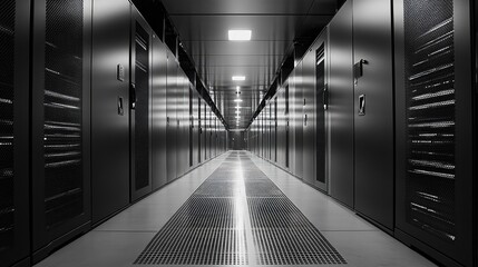 Poster - A monochrome photograph of an expansive hallway stretching deep within a modern data center