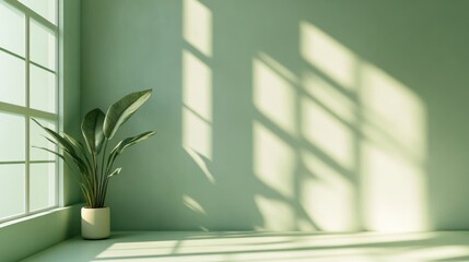 Poster - Interior mockup of a pastel green empty space featuring soft warm light streaming through a window with an abstract background and room for text