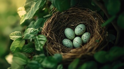 Close up of a bird s nest containing speckled eggs nestled in lush greenery highlighting the beauty of nature and wildlife