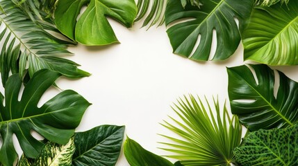 Poster - Close up of assorted fresh tropical leaves arranged on a white background Design template featuring a frame and ample space for text Top view flat lay