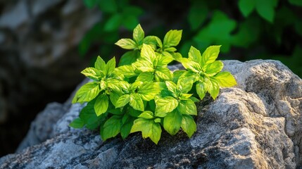 Poster - Vibrant Green Plant Flourishing on a Rock in a Natural Environment