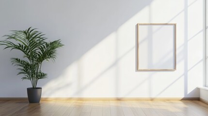 Poster - Empty white room featuring a wooden laminate floor and a frame showcasing a green plant