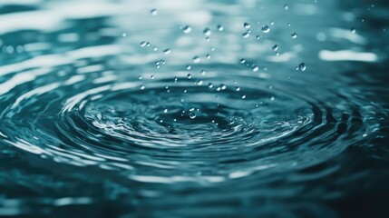 Poster - Stunning depiction of water droplets cascading onto a surface creating waves and ripples that spread beautifully across the water Concept focused on water dynamics and motion