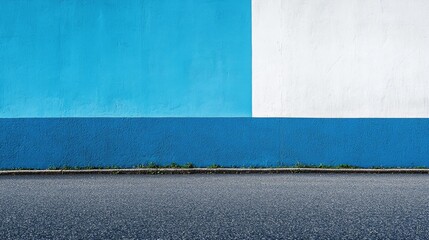 Poster - Abstract geometric design featuring a blue and white wall alongside a barren asphalt surface
