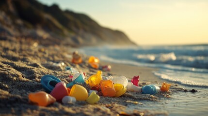 Wall Mural - Colorful Plastic Waste Washed Ashore on a Sandy Beach