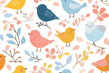 Naklejka na meble Background of funny birds of various colors, with some foliage.