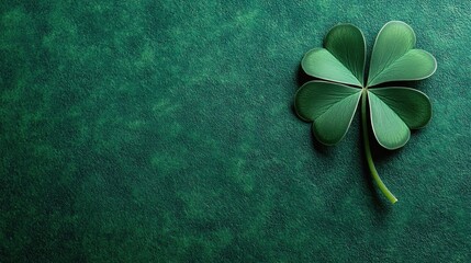 Green metallic four leaf clover on a green background for St Patrick s Day Features ample copy space High quality image