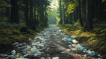 Wall Mural - Plastic Pollution Littering a Forest Path