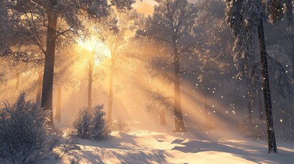 Poster - Sunlight filters through a snowy forest illuminating the tranquil landscape