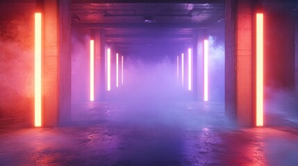 Poster - Neon lights pierce through the smoky atmosphere of a concrete arena setting the stage for concert photography dynamic lighting atmospheric effects and vibrant festival energy