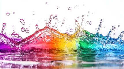 Poster - Rainbow colored water droplets splashing vibrant liquid in motion long banner format set against a white background