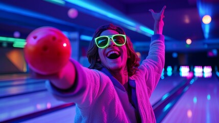 Sticker - A woman is wearing neon colored glasses and holding a bowling ball