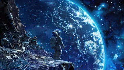 Wall Mural - astronaut standing on a spacecraft wreckage with earth in the background