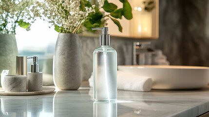 Wall Mural - A clear glass bottle of liquid soap with a silver pump sits on a marble countertop in a modern bathroom.